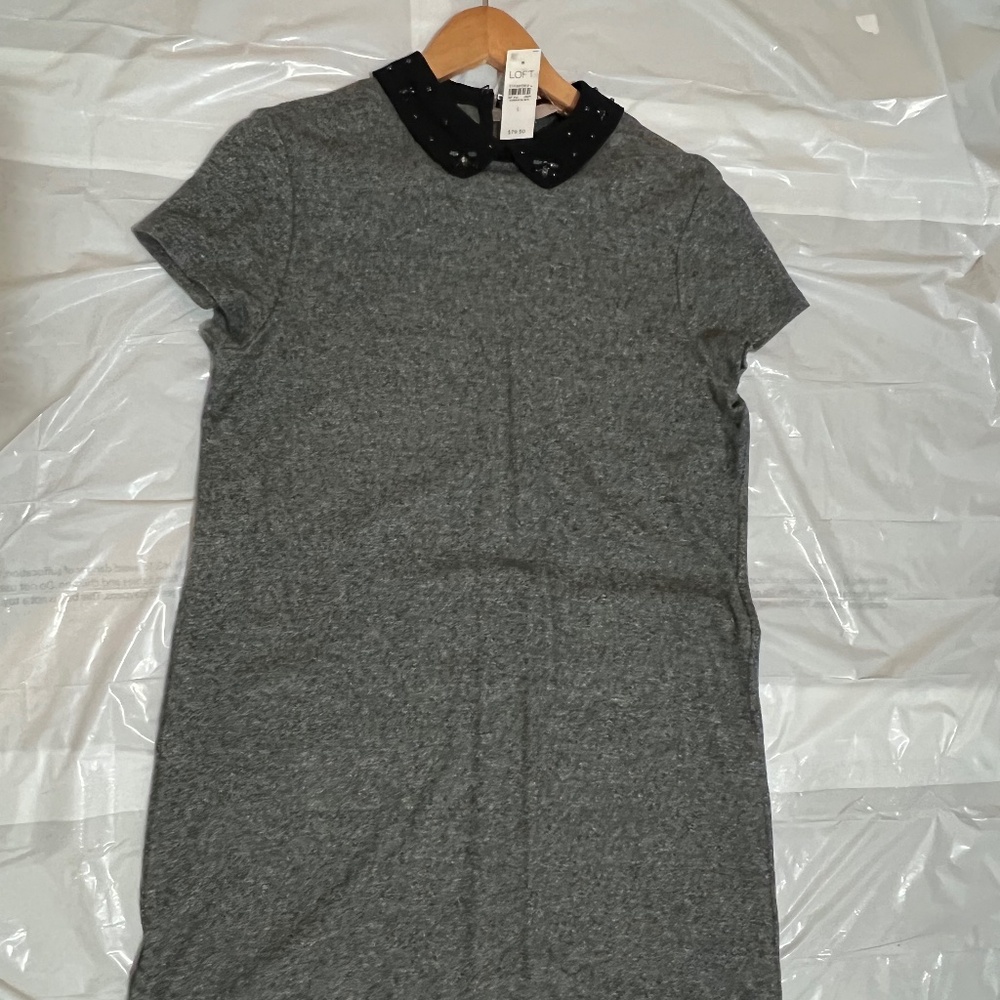 NWT LOFT Embellished Black Peter Pan Collared Knit Shift Dress in Gray Size L - Picture 3 of 13